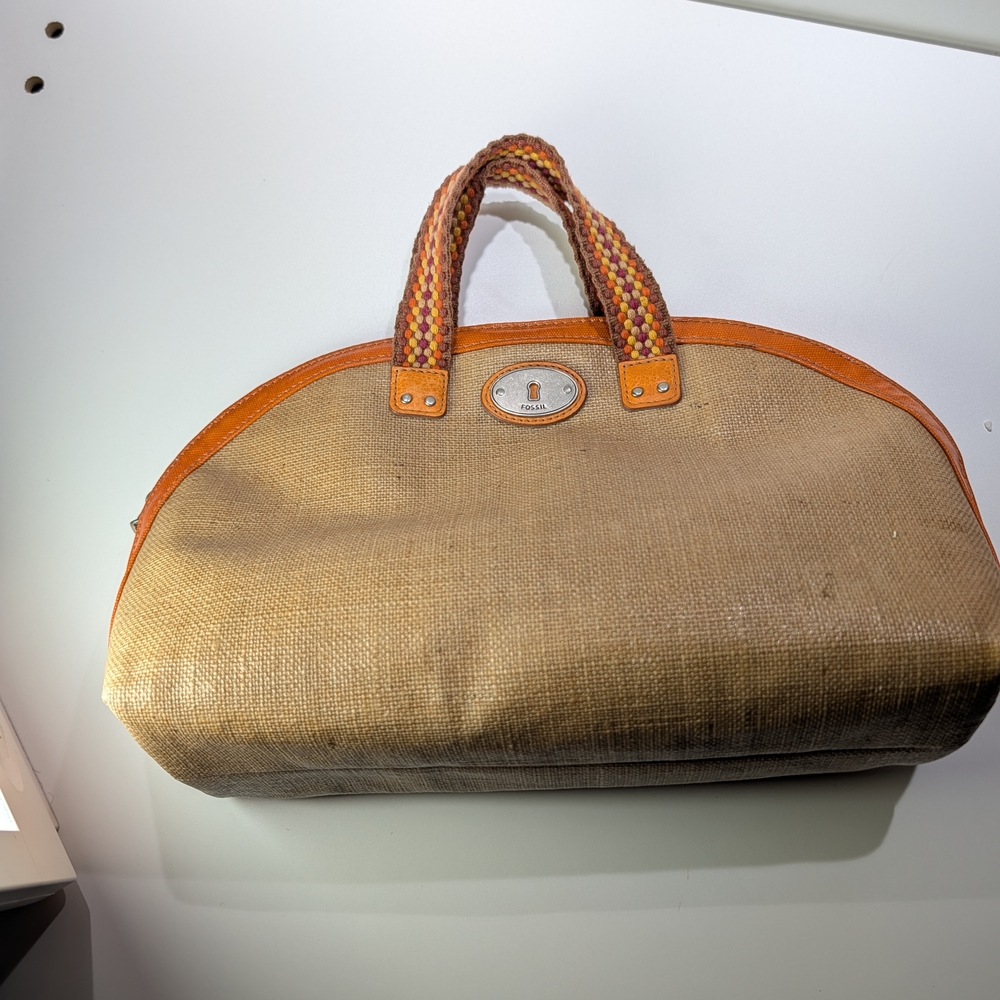 Fossil Natural Straw Tote with Orange Trim and Multicolor Braided Handles